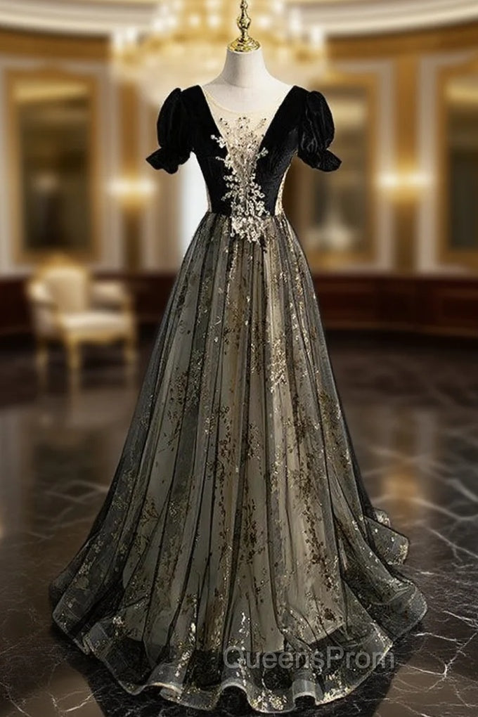 Black Tulle Velvet Backless Short Sleeve Evening Prom Dress Main image
