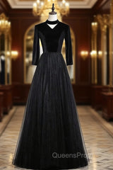 Black Tulle Velvet High Neck Long Sleeve Evening Prom Dress