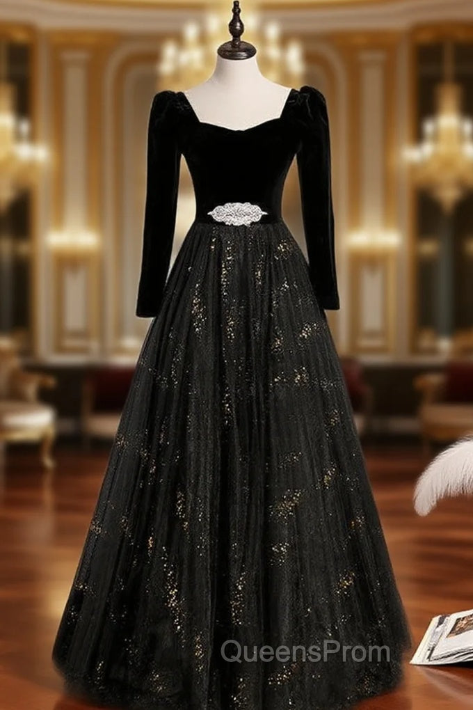 Black Tulle Velvet Long Sleeve Evening Prom Dress