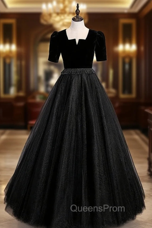 Black Tulle Velvet Short Sleeve Beading Evening Prom Dress Main image