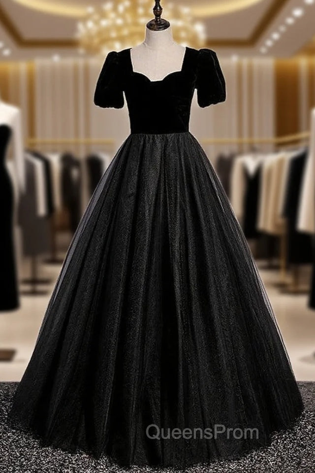 Black Tulle Velvet Short Sleeve Evening Prom Dress Main image