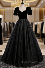 Black Tulle Velvet Short Sleeve Evening Prom Dress