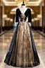 Black Tulle Velvet Short Sleeve Sequins Evening Prom Dress