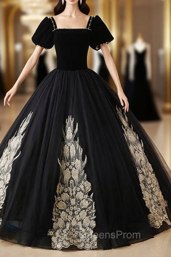 Black Tulle Velvet Square Short Sleeve Appliques Quinceanera Dress Main image