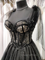 Black Tulle with Lace Straps Long Evening Dress, Black Long Evening Dress Evening Prom Dress
