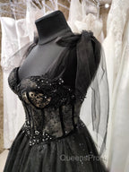 Black Tulle with Lace Straps Long Evening Dress, Black Long Evening Dress Evening Prom Dress