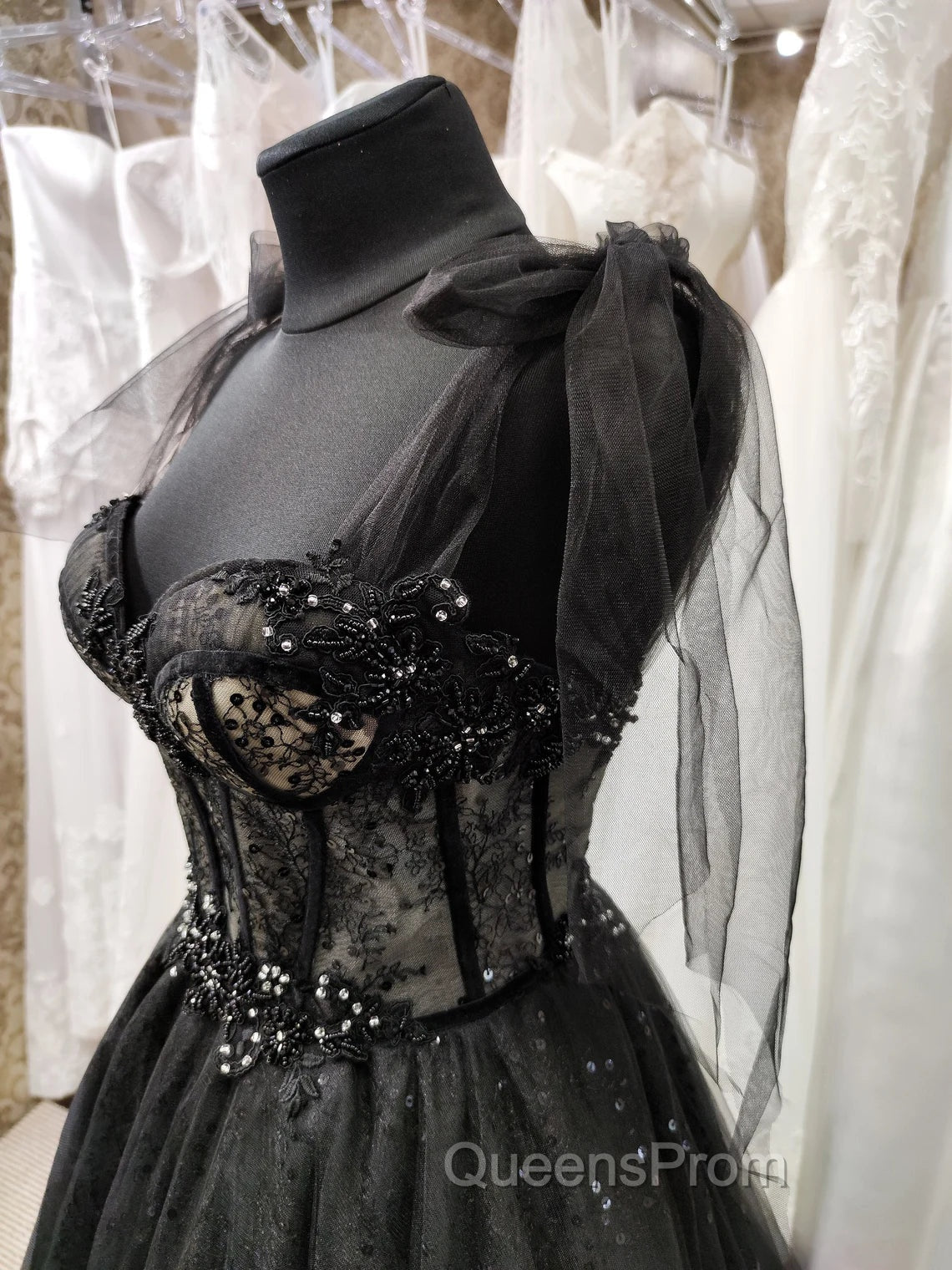 Black Tulle with Lace Straps Long Evening Dress, Black Long Evening Dress Evening Prom Dress