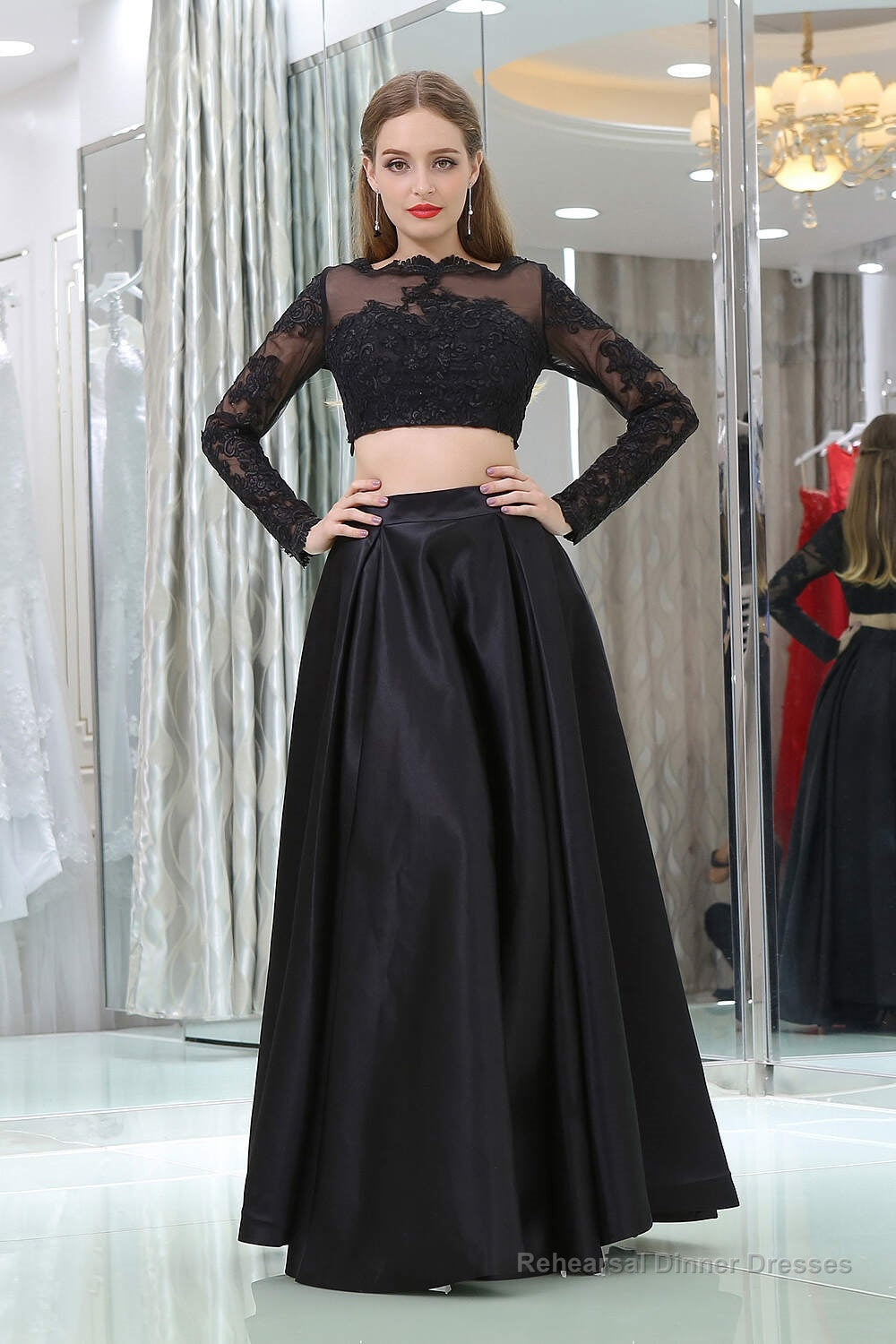 Black Two Piece Long Sleeve Floor Length Satin Prom Dresses with Lace Main image