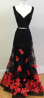 Black Two Pieces Applique Long Evening Prom Dress, Black Evening Dress