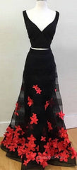 Black Two Pieces Applique Long Evening Prom Dress, Black Evening Dress