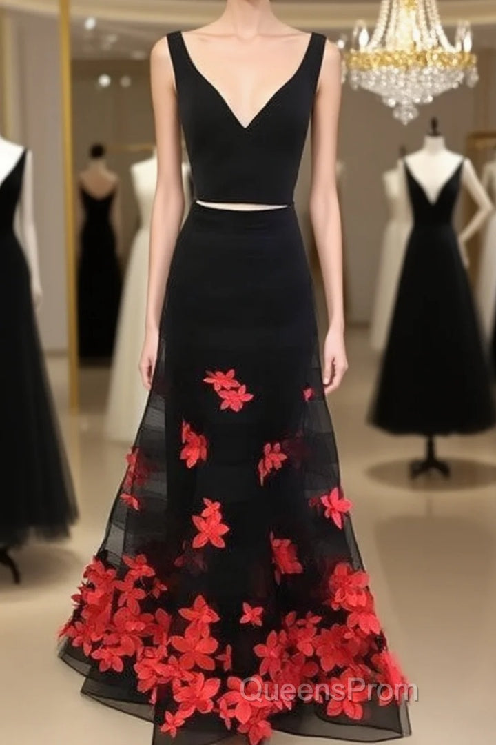Black Two Pieces Applique Long Evening Prom Dress, Black Evening Dress Main image