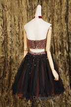 Black Two Pieces Beads Tulle Short Evening Prom Dress Black Homecoming Dress