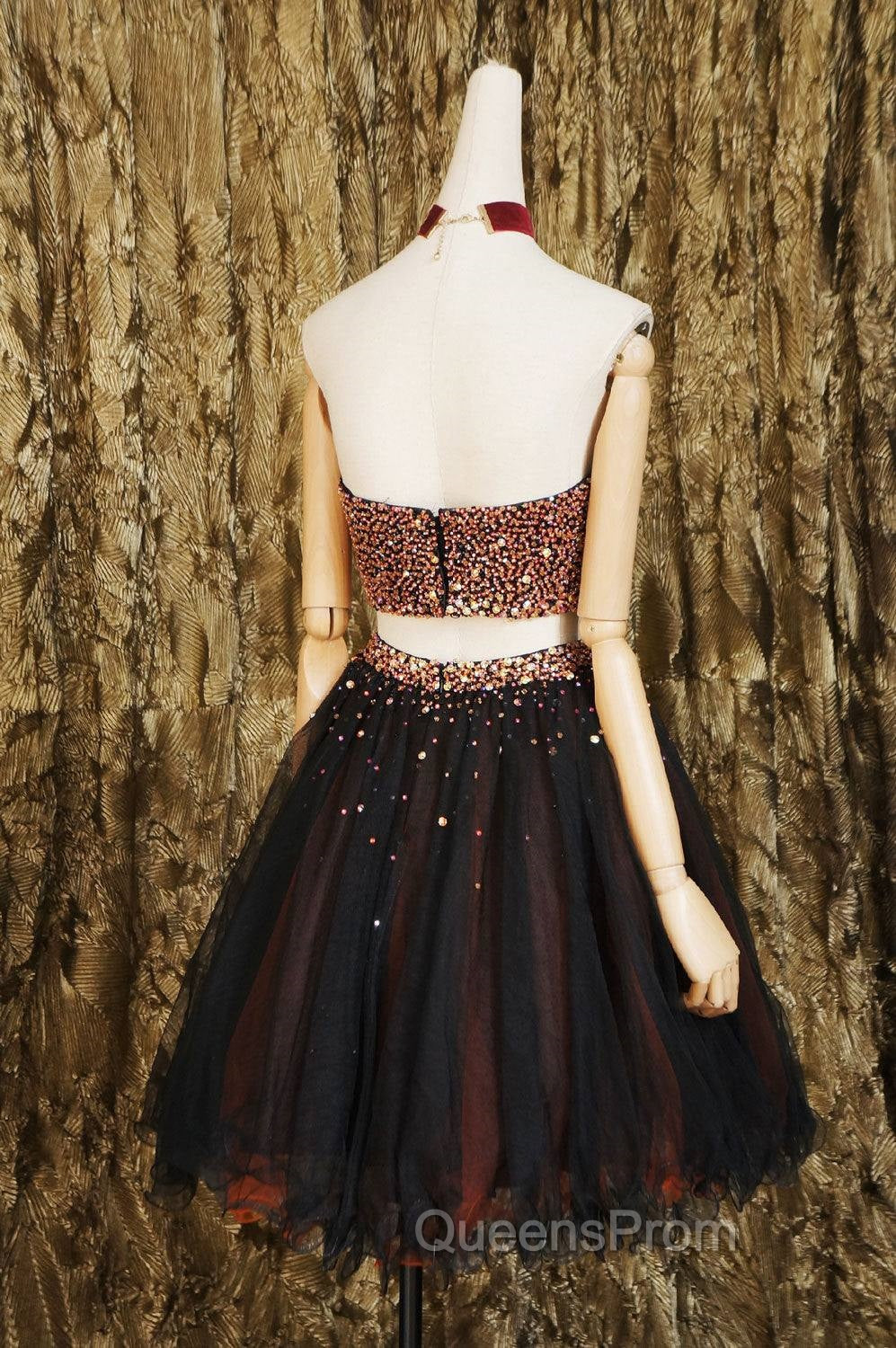 Black Two Pieces Beads Tulle Short Evening Prom Dress Black Homecoming Dress