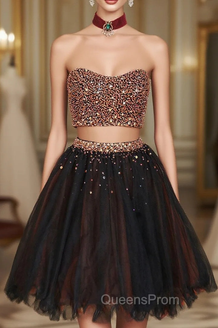 Black Two Pieces Beads Tulle Short Evening Prom Dress Black Homecoming Dress Main image