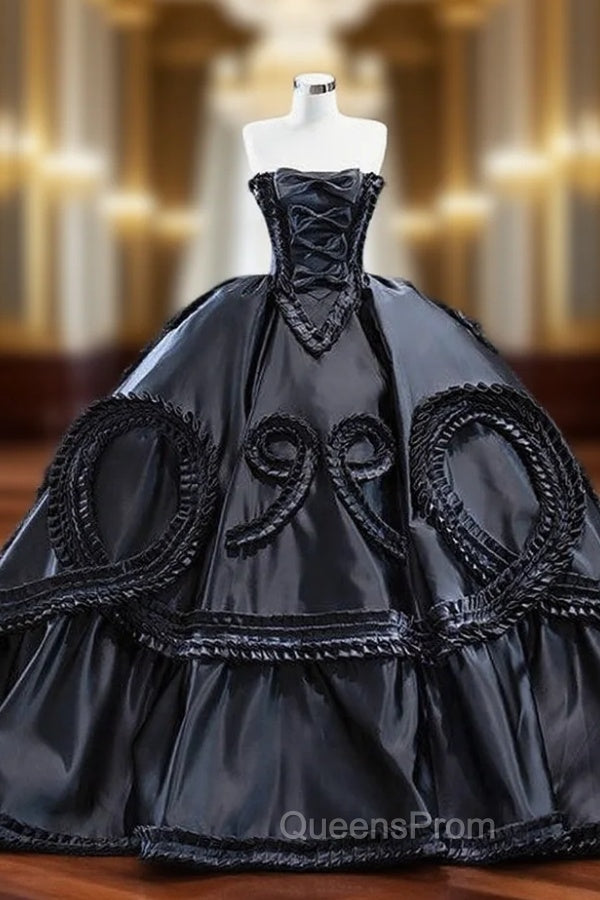Black Unique Satin Strapless Pleats Ball Gown Evening Prom Dress