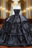 Black Unique Satin Strapless Pleats Ball Gown Evening Prom Dress