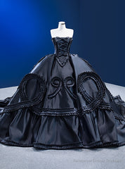 Black Unique Satin Strapless Pleats Ball Gown Prom Dress