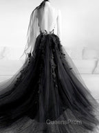 Black V Neck Backless Lace Evening Prom Dress, Open Back Black Lace Evening Graduation Dress