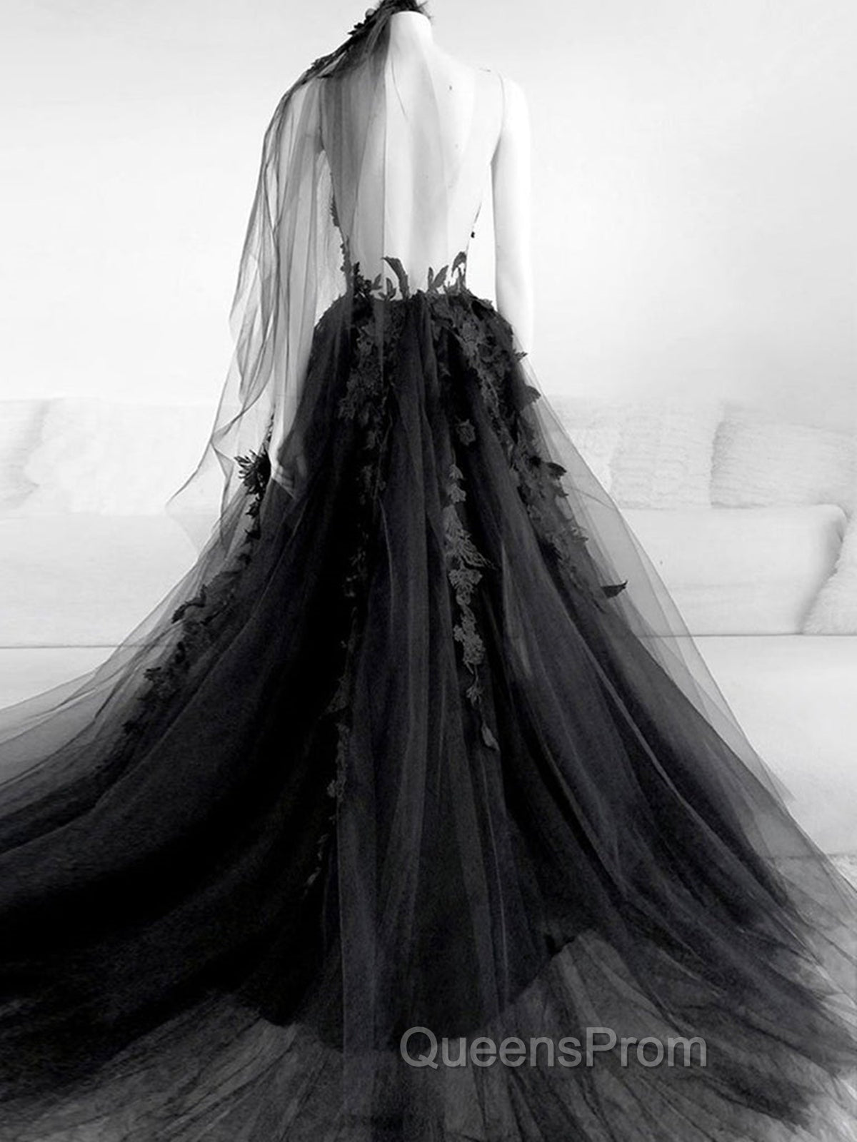 Black V Neck Backless Lace Evening Prom Dress, Open Back Black Lace Evening Graduation Dress