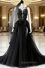 Black V Neck Backless Lace Evening Prom Dress, Open Back Black Lace Evening Graduation Dress