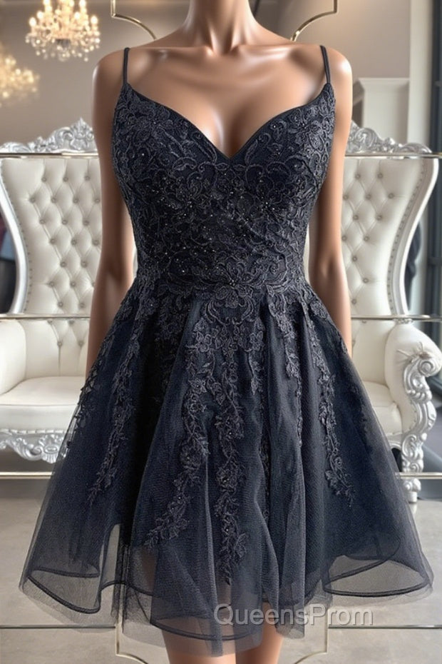 Black V Neck Backless Lace Short Evening Prom Dress, Backless Black Lace Homecoming Dress, Black Lace Formal Evening Dress Main image