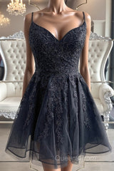 Black V Neck Backless Lace Short Evening Prom Dress, Backless Black Lace Homecoming Dress, Black Lace Formal Evening Dress