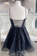Black V Neck Backless Lace Short Evening Prom Dress, Backless Black Lace Homecoming Dress, Black Lace Formal Evening Dress