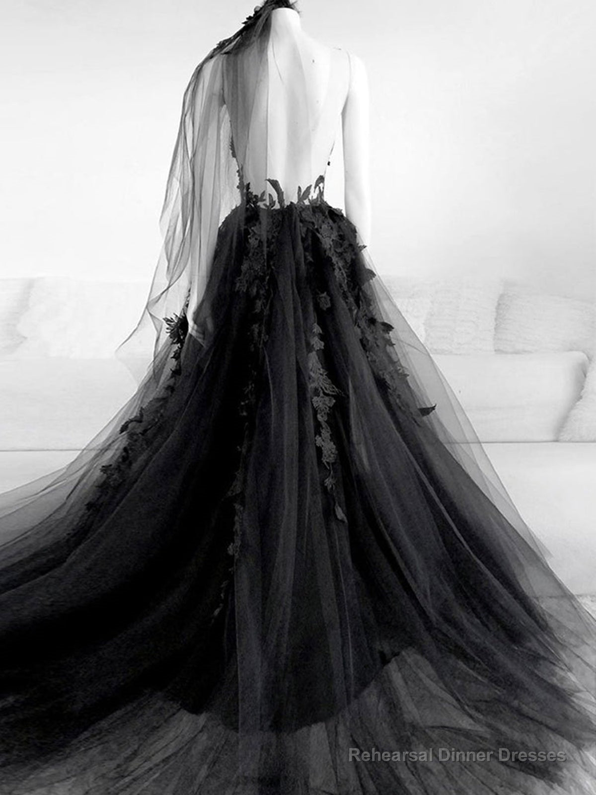 Black V Neck Backless Lace Wedding Dresses,Open Back Black Bridal Gown Secondary image