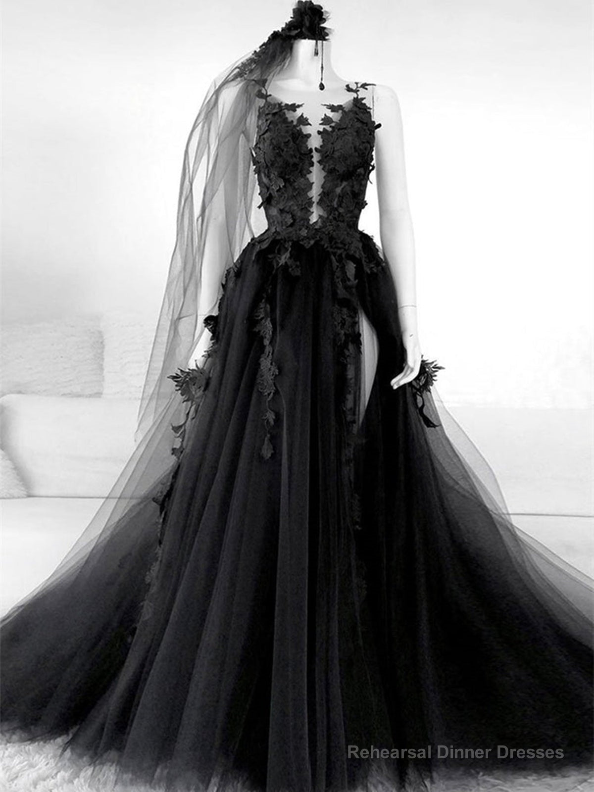 Black V Neck Backless Lace Wedding Dresses,Open Back Black Bridal Gown Main image