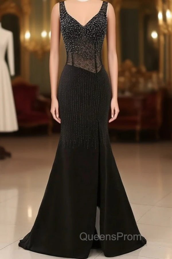 Black V-Neck Beaded Evening Prom Dress Sleeveless Split
