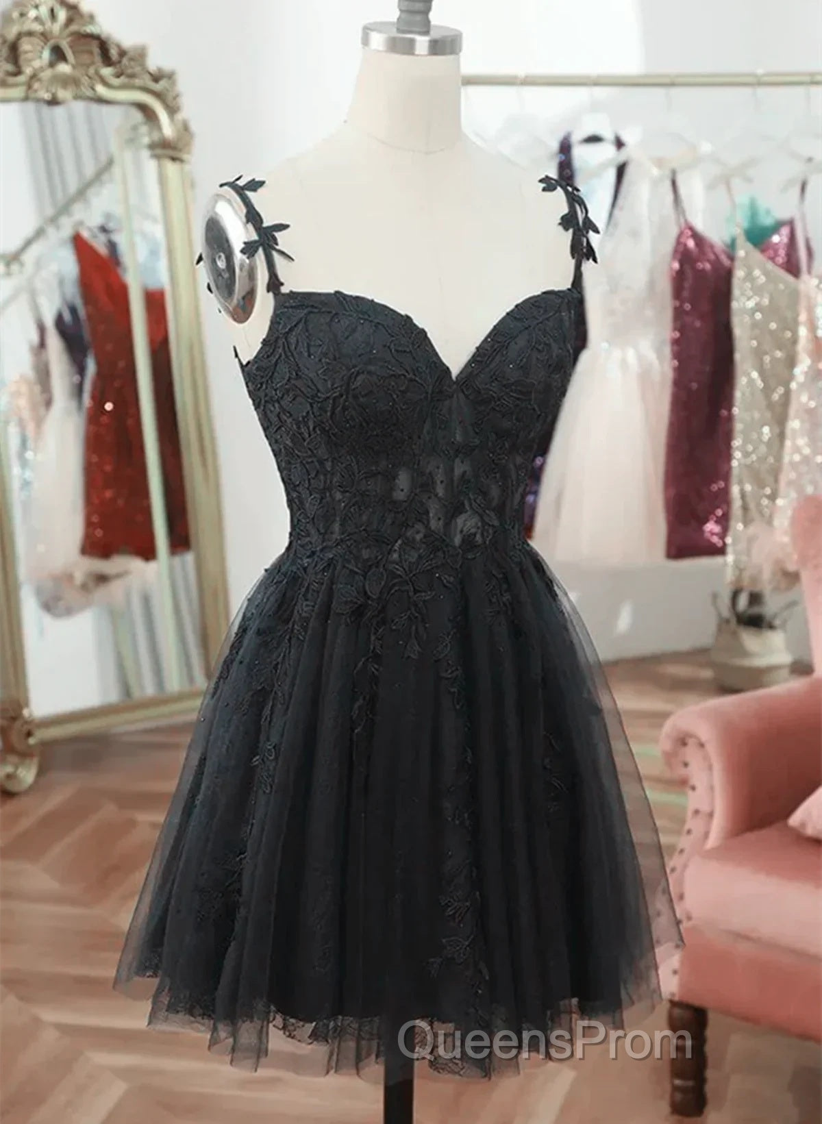 Black V Neck Beaded Tulle And Lace Evening Prom Dress, Cute Black Homecoming Dress Secondary image