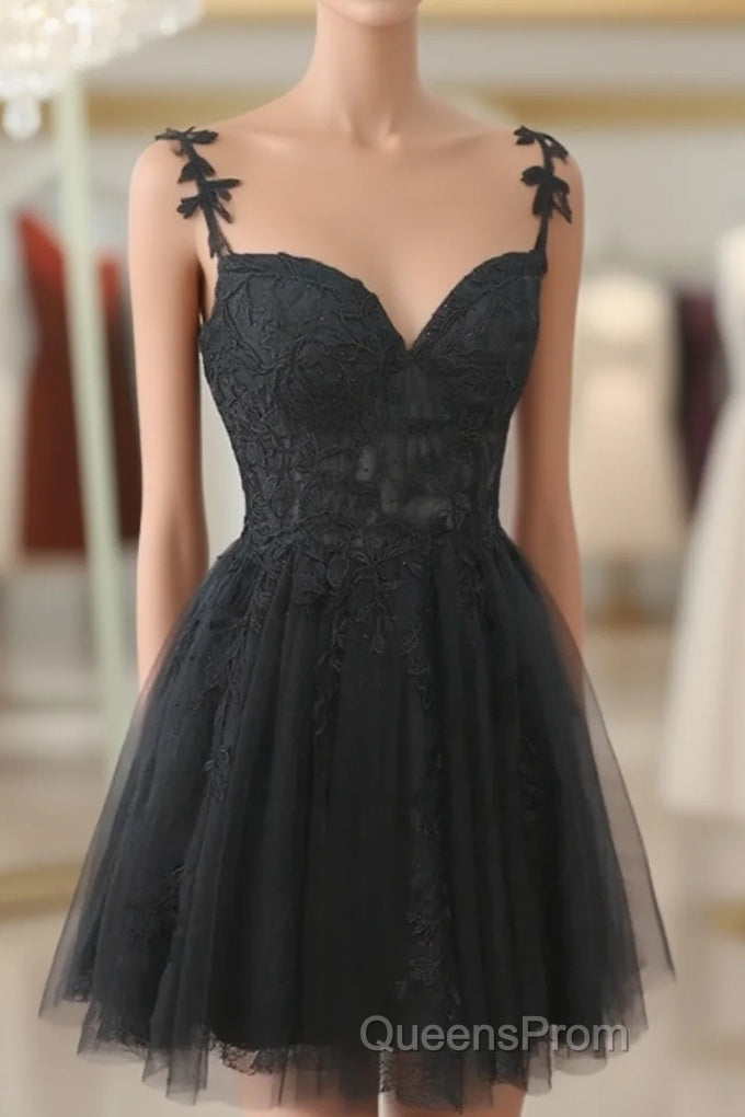 Black V Neck Beaded Tulle And Lace Evening Prom Dress, Cute Black Homecoming Dress Main image
