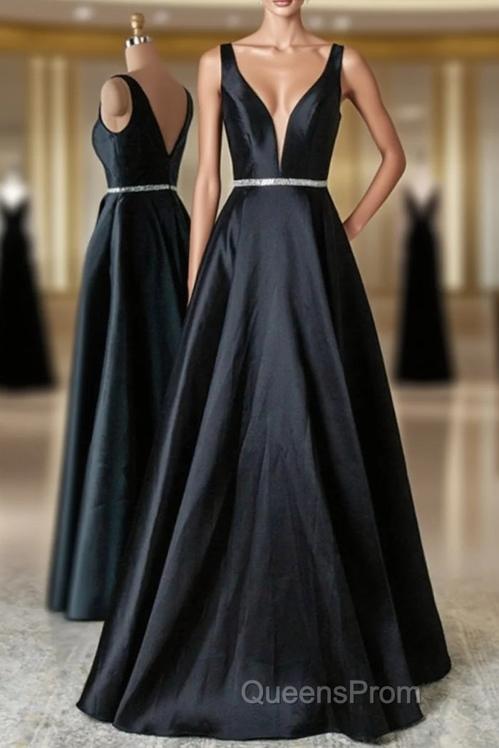 Black V Neck Beading Satin Evening Prom Dress Main image
