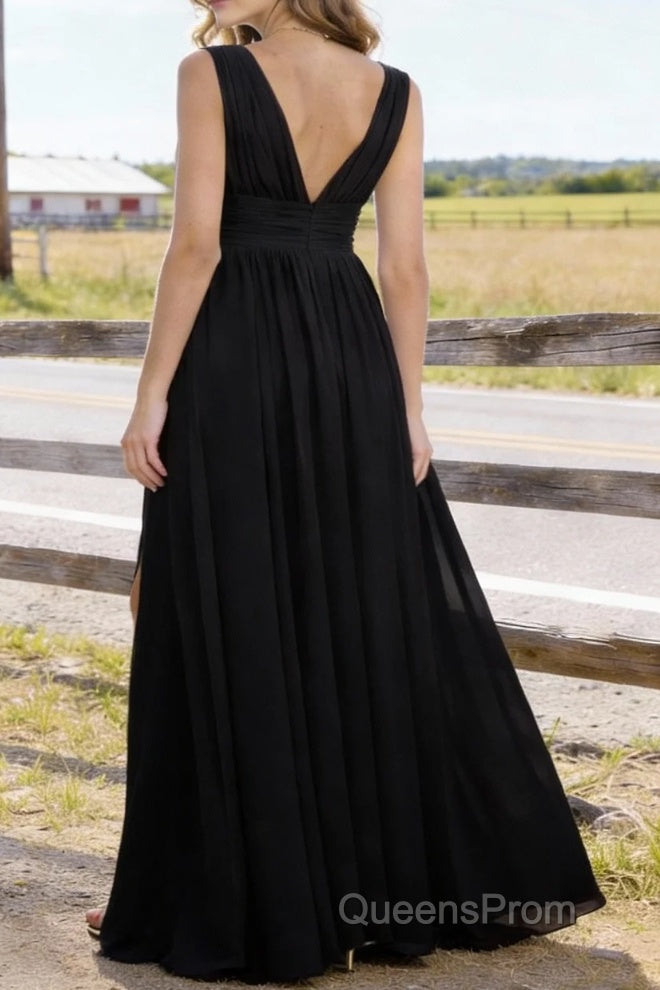 Black V Neck Chiffon Floor Length Prom Dresses Long Prom Dress With Pleated Split Secondary image