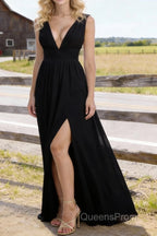 Black V Neck Chiffon Floor Length Prom Dresses Long Prom Dress With Pleated Split