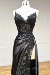 Black V-Neck Lace Long Evening Dress, Black Spaghetti Strap Evening Gown with Leg Slits