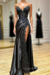 Black V-Neck Lace Long Evening Dress, Black Spaghetti Strap Evening Gown with Leg Slits