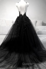 Black V Neck Lace Long Evening Prom Dress A Line Evening Dress