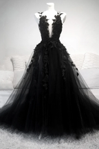 Black V Neck Lace Long Classy Prom Dress A Line Classy Evening Dress