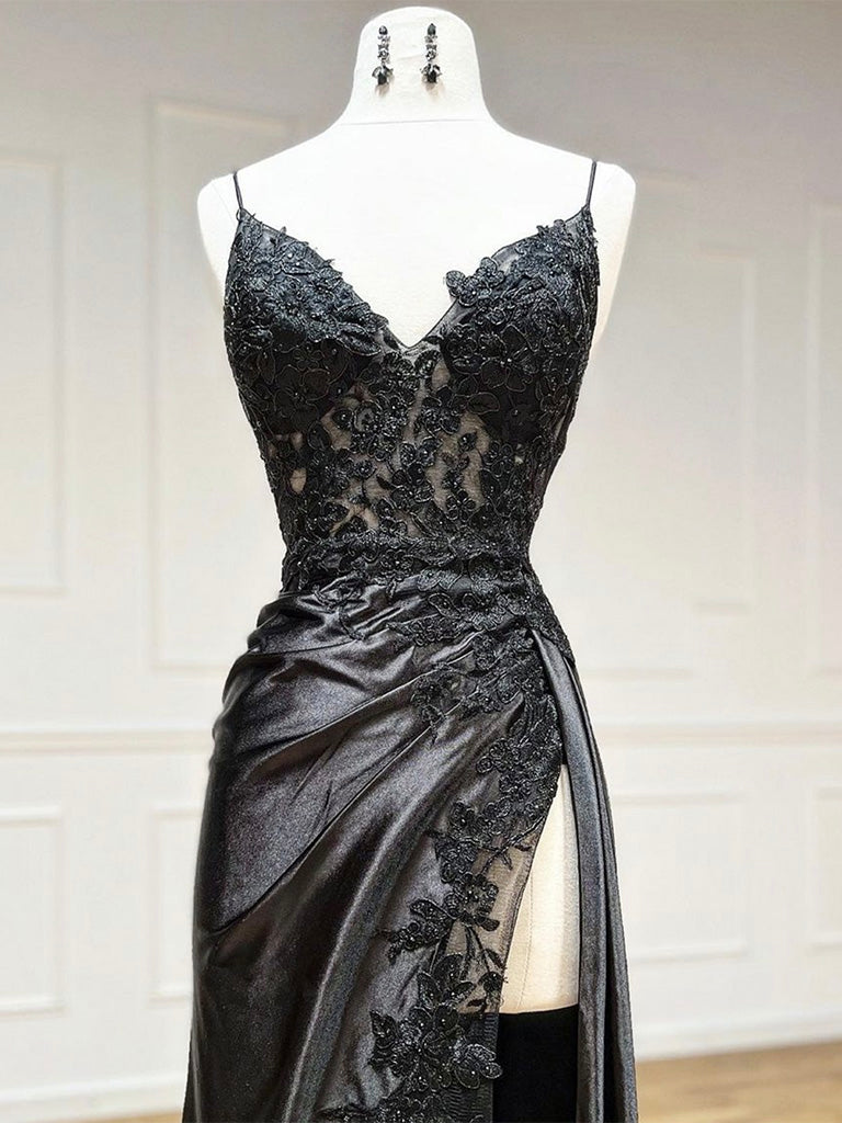 Black V Neck Lace Satin Long Classy Prom Dress, Black Classy Prom Dress