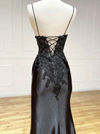 Black V Neck Lace Satin Long Classy Prom Dress, Black Classy Prom Dress