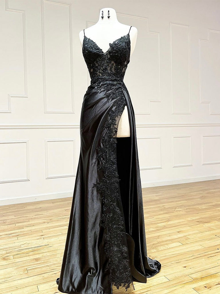 Black V Neck Lace Satin Long Classy Prom Dress, Black Classy Prom Dress