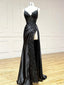 Black V Neck Lace Satin Long Classy Prom Dress, Black Classy Prom Dress
