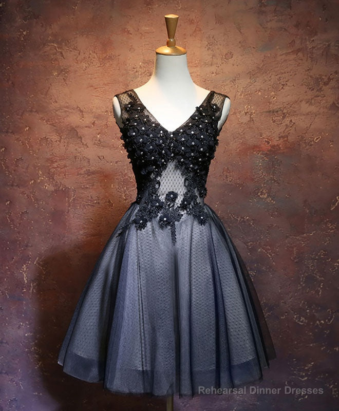 Black V Neck Lace Short Prom Dress, Black Evening Dress Secondary image