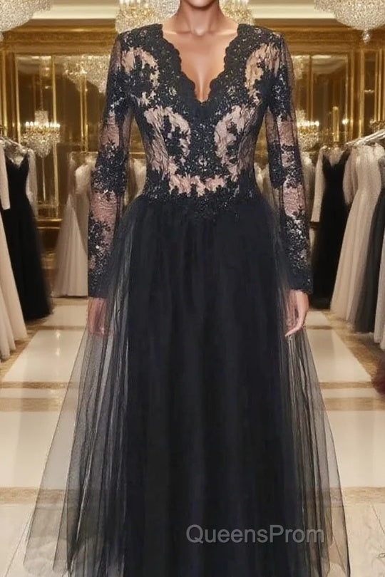 Black v neck lace tulle long evening Dress black lace Evening Prom Dress