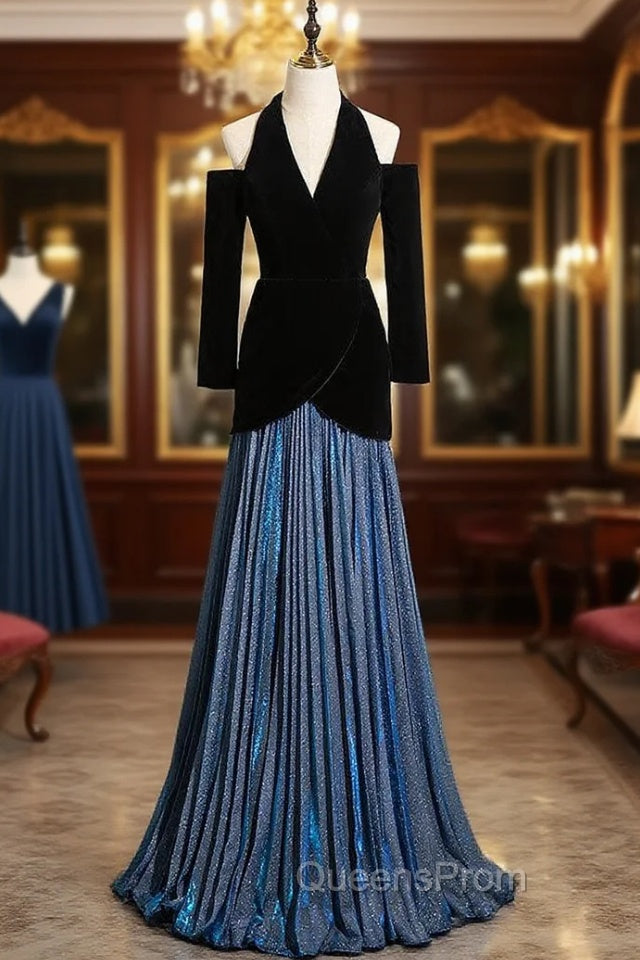 Black V-neck Long Sleeve Pleats Evening Prom Dress
