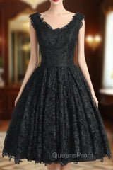 Black V-neck Evening Prom Dress A-line Knee-length Homecoming Dress