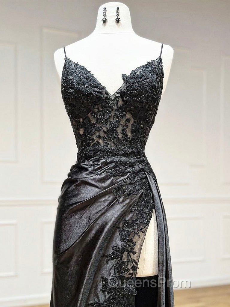 Dark Blue V Neck Satin Lace Long Evening Prom Dress, Dark Blue Lace Long Evening Dress