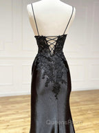 Dark Blue V Neck Satin Lace Long Evening Prom Dress, Dark Blue Lace Long Evening Dress
