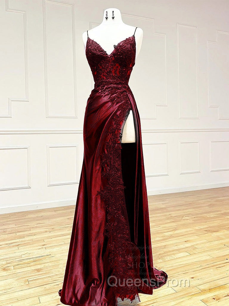 Dark Blue V Neck Satin Lace Long Evening Prom Dress, Dark Blue Lace Long Evening Dress
